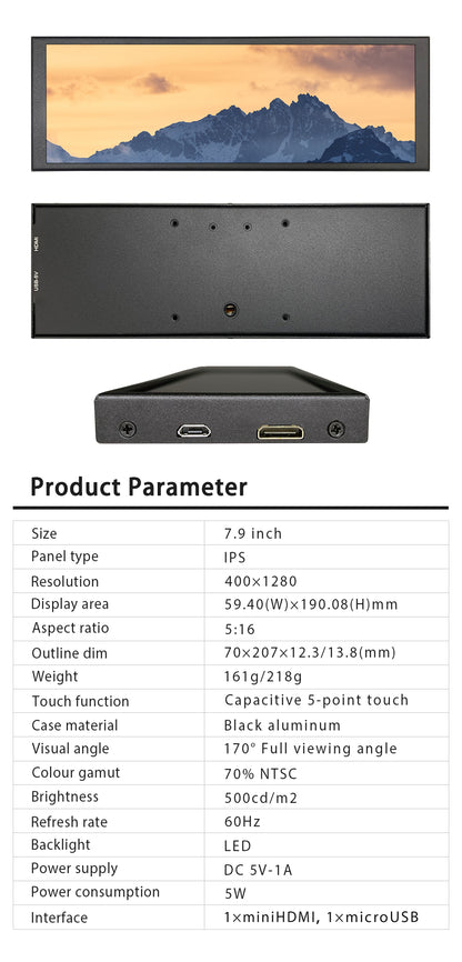 LESOWNP79+S 7.9 inch 400x1280 IPS Long Strip Bar Display for Raspberry Pi