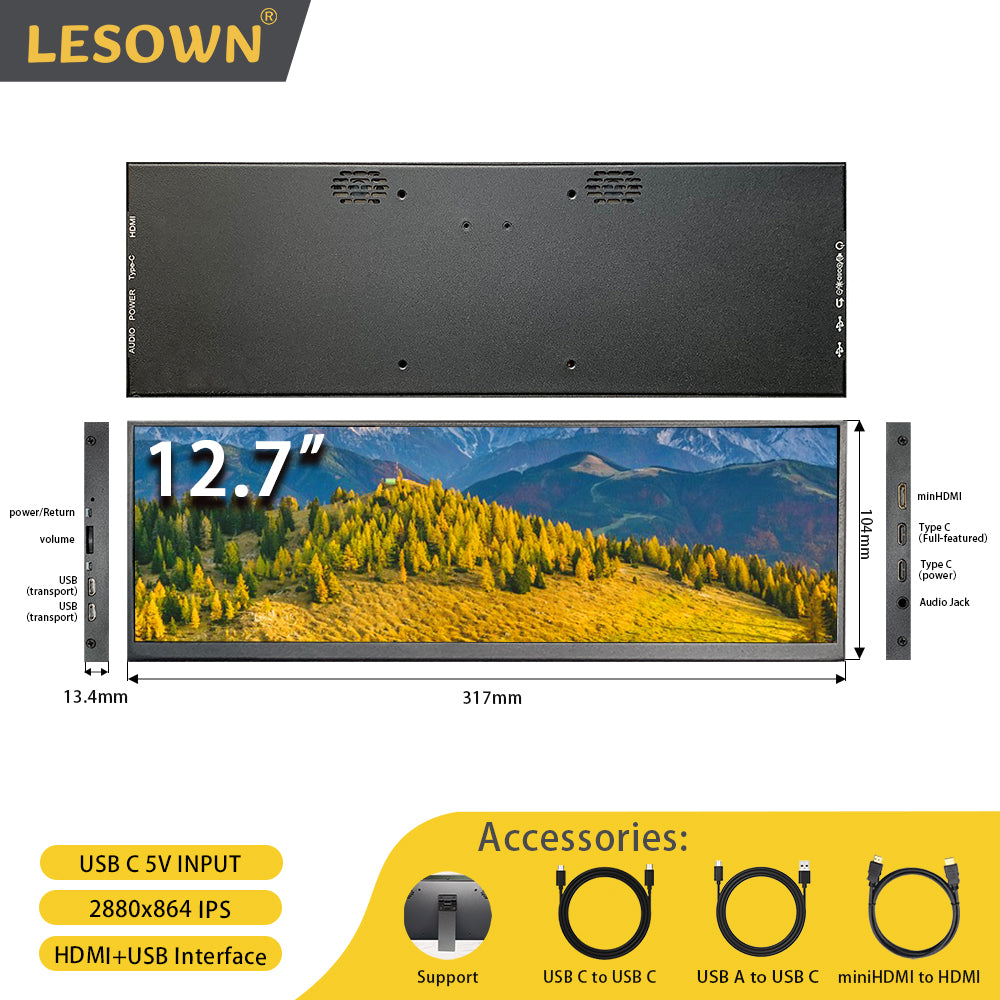 LESOWN P127GHR/P127GHTR 12.7 inch Touchscreen LCD Wide Bar Portable Monitor 2K HD MI Type C IPS Secondary Monitor for Stock Market Ticker Display