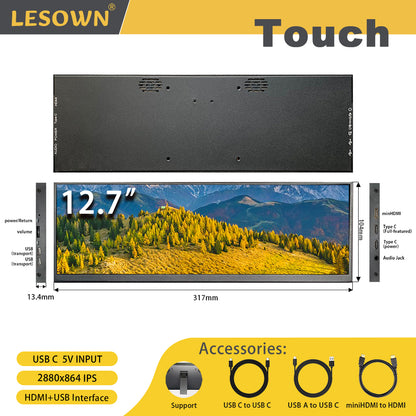 LESOWN P127GHR/P127GHTR 12.7 inch Touchscreen LCD Wide Bar Portable Monitor 2K HD MI Type C IPS Secondary Monitor for Stock Market Ticker Display
