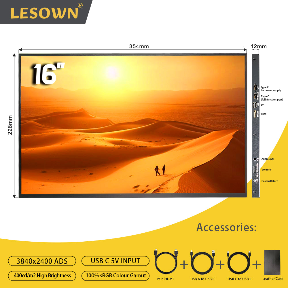 LESOWN P160GHR/P160GHTR Portable Monitor 16 inch USB C 2.5K UHD Touchscreen 2560x1600 ADS Second Screen Extender Display Monitor for Laptop PC