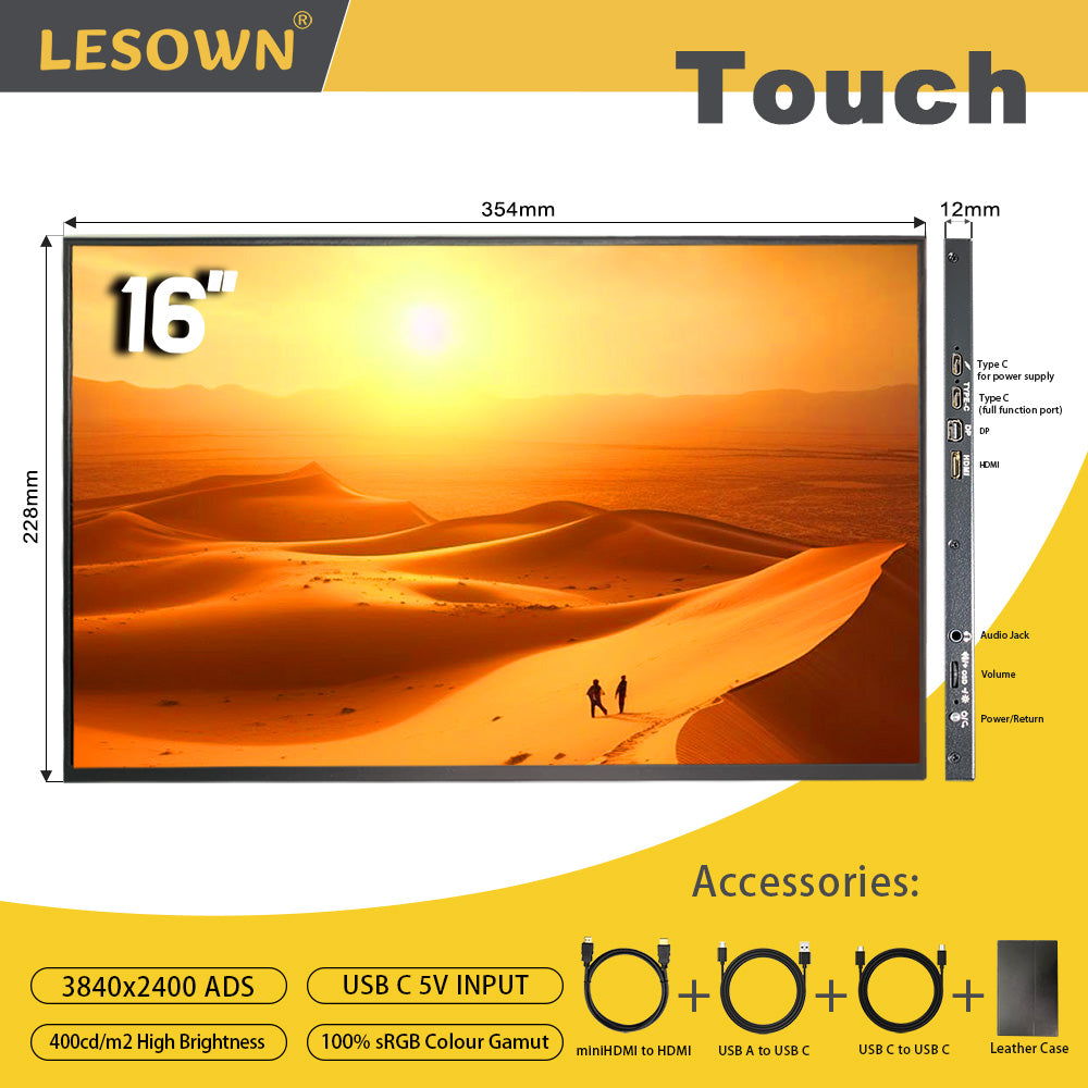 LESOWN P160GHR/P160GHTR Portable Monitor 16 inch USB C 2.5K UHD Touchscreen 2560x1600 ADS Second Screen Extender Display Monitor for Laptop PC