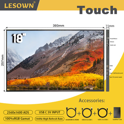 LESOWN P180GHTR/P180GHR 18 inch 120Hz Portable USB C mini HDMI Touchscreen Ultrawide Monitor 1920x1200 ADS with Speakers Laptop Screen Extender